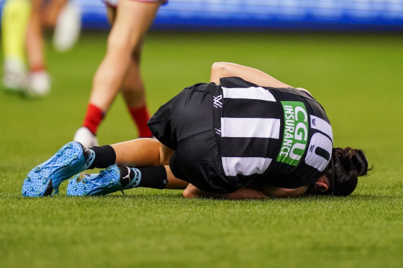 Collingwood's Ashleigh Brazill ruptured her ACL on Friday night against the Demons.