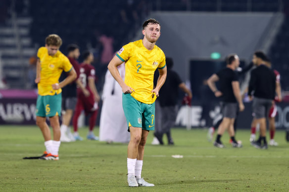 Lachlan Brook struggles to hold back tears after Australia’s elimination.