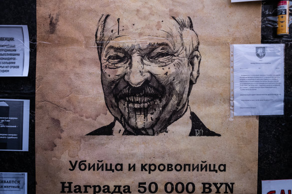 A wanted poster with an image of Belarusian President Aleksander Lukashenko is displayed during a rally in Minsk on Tuesday.