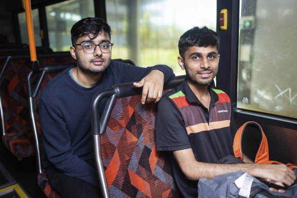 Vignesh Balasubramani and Abhishek Rajkumar travel by public bus to and from their jobs at Melbourne Airport.