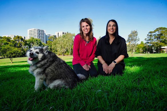 Moonee Valley councillor Rose Iser (left) with Mayor Ava Adams and Iser’s dog, Shadow, at the Travancore dog park.