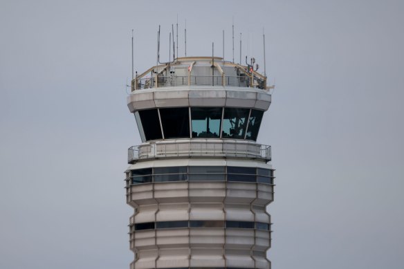 The air traffic control tower at Ronald Reagan Washington National Airport (DCA) in Arlington, Virginia, across the Potomac River from Washington DC.