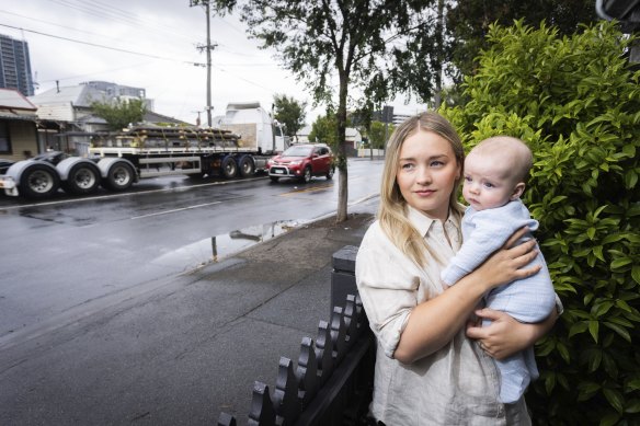Heidi van Wyngaarden says her baby, August, is woken up at least twice every night by the road trains. 
