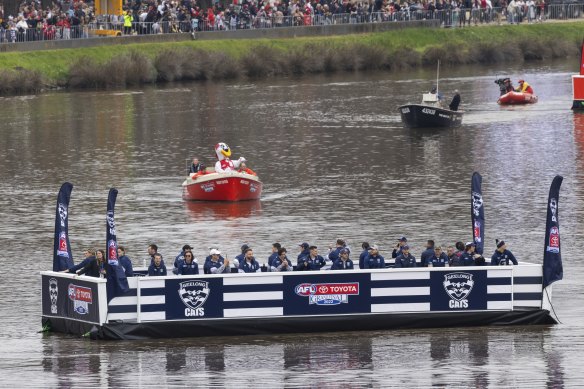 Geelong’s players sat on a barge and headed up the river