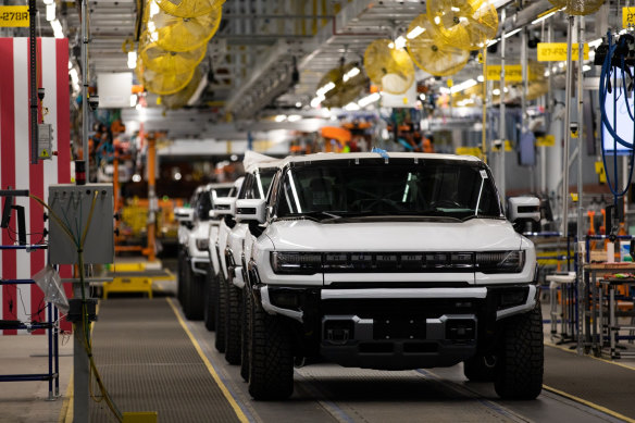 Hummer electric vehicles on the production line at a General Motors  factory.