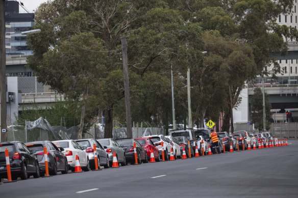 The queue for a COVID-19 test at Normanby Street in South Melbourne on Wednesday.