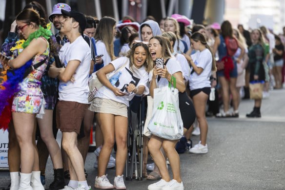 Concert-goers line up to see Harry Styles at Marvel Stadium in Melbourne in February. 