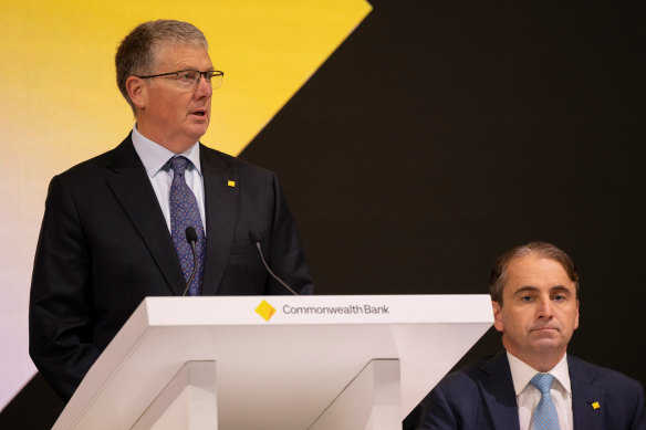 CBA chairman Paul O’Malley (left) and CEO Matt Comyn on stage at the shareholder meeting.
