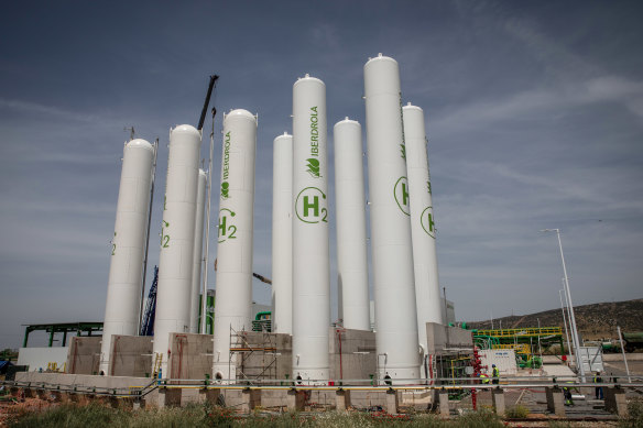 Storage tanks at a green hydrogen plant in Spain. Fortescue Future Industries is aiming to make 15 million tonnes of green hydrogen a year by 2030.