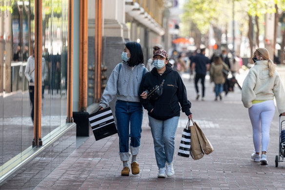 Shoppers on Market Street in San Francisco. The population of California has dropped for the first time in history.