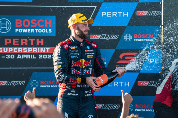 Shane van Gisbergen celebrates the win.