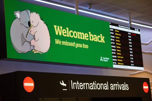 A welcome back sign at Auckland International Airport to celebrate the quarantine-free Australia and New Zealand travel in April 2021. 