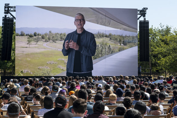 Attendees gather to listen to Apple chief Tim Cook at the company’s California campus.