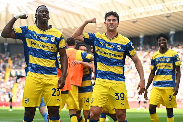 Circati celebrates teammate Nesta Elphege’s (right) goal for Parma in April.