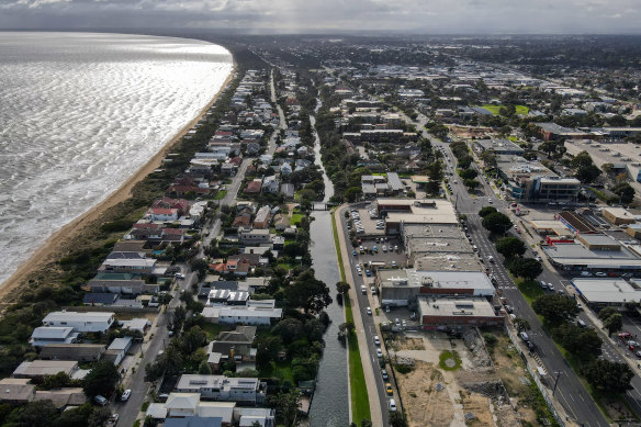 The stretch of land between Kananook Creek (middle of photo) and Nepean Highway (right) is the focus of a major planning dispute in Frankston.