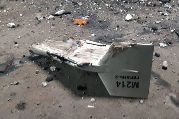The wreckage of what Kyiv has described as an Iranian Shahed drone downed near Kupiansk last week.