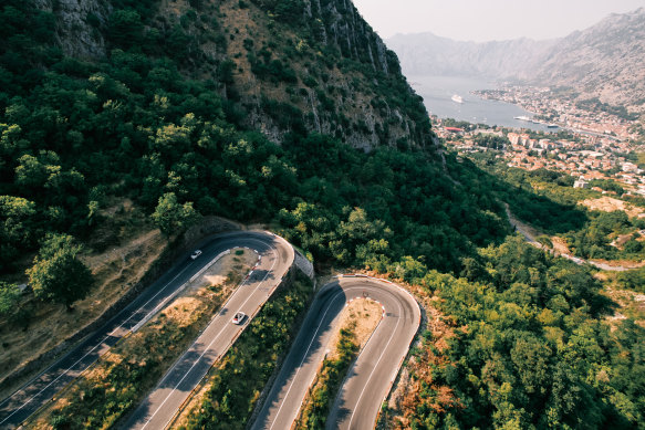 Cars negotiate tricky bends in the mountains above Kotor.