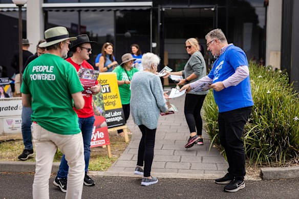Voters at Ferntree Gully Road Business Hub polling station during the bi-election for Aston.