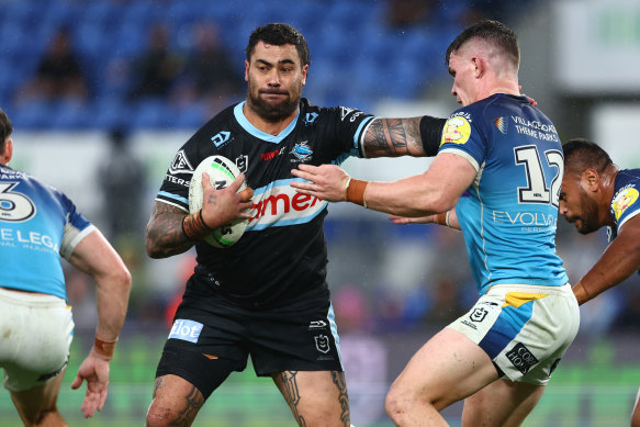 Andrew Fifita in action for the Sharks after making a full physical recovery from a fractured larynx.