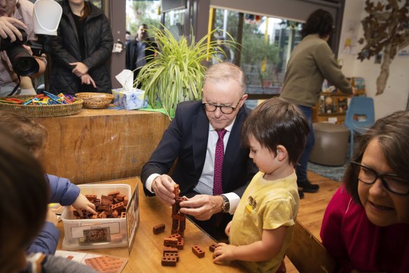 Prime Minister Anthony Albanese visiting a childcare centre in Melbourne. 