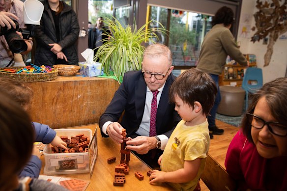 Prime Minister Anthony Albanese visiting a childcare centre in Melbourne. 