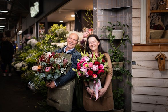 Hermina and Joe Bevilacqua, owners of Camberwell Florist, with Mother’s Day bouquets of natives and roses. 