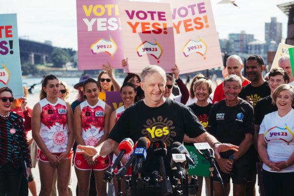 Prime Minister Anthony Albanese speaks as he is  joined with supporters and Pat Farmer for the Run for the Voice. 