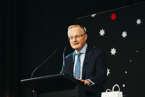 Reserve Bank of Australia Governor Philip Lowe giving his final speech during the Anika Foundation event in Sydney on September 7.