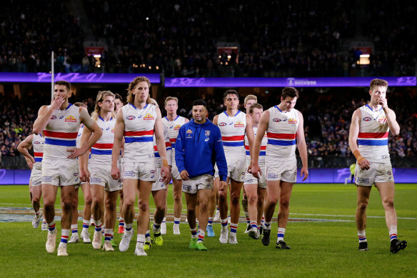 The Bulldogs leave the field after their finals loss to Fremantle in 2022.