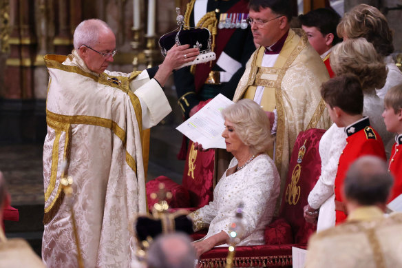 Queen Camilla is crowned by the Archbishop of Canterbury, Justin Welby.