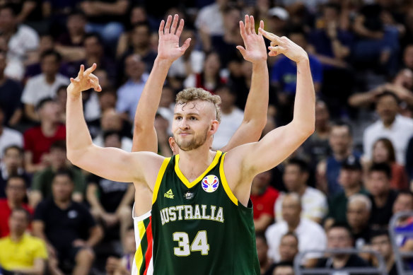 Jock Landale in action for the national side at the FIBA World Cup in China last year. 