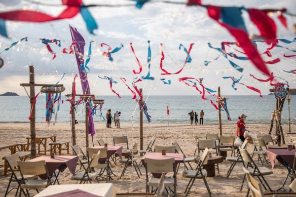 A deserted beachfront restaurant on Patong Beach in Patong, Phuket.