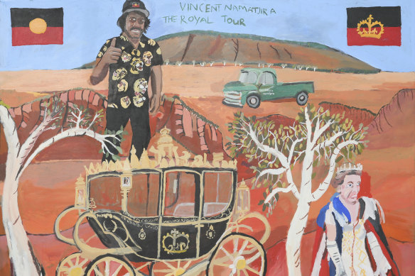 Detail of Namatjira’s <i>The Royal Tour (Vincent and Elizabeth on Country)</i>, 2022.