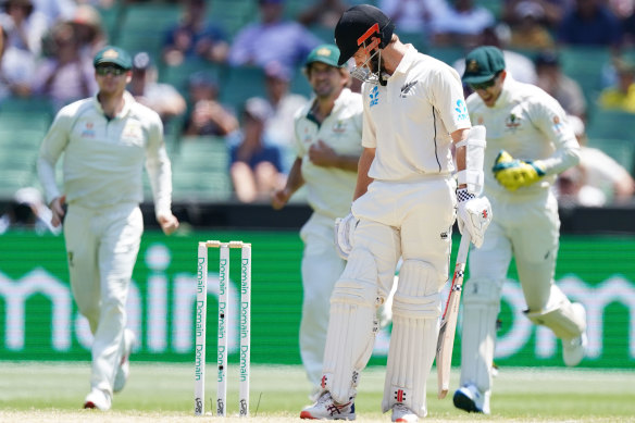 New Zealand skipper Kane Williamson looks on after being dismissed by Australian quick James Pattinson on day four of the Boxing Day Test.