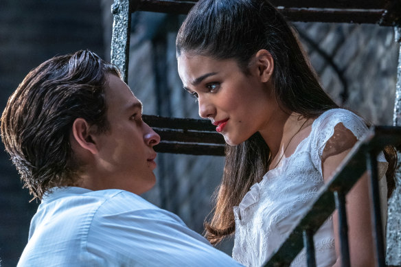 Ansel Elgort as Tony and Rachel Zegler as Maria in West Side Story.