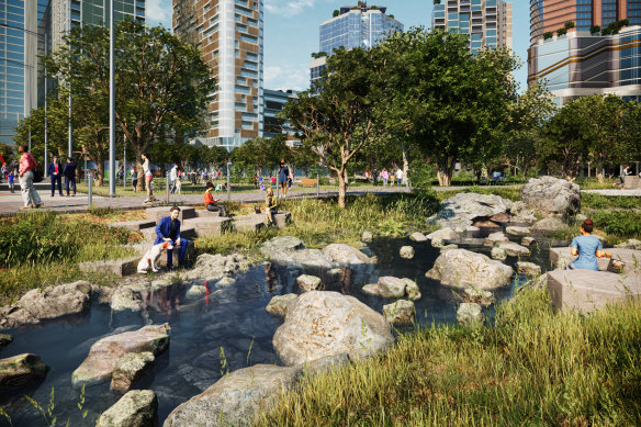 An artist’s impression of the new Arden precinct in North Melbourne, which the state government says will be home to 15,000 residents by 2050.