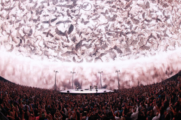 U2 perform during opening night at the Sphere, featuring the interior screen and Devlin’s work.