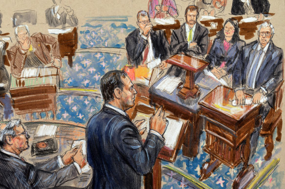 No photos are allowed inside the Senate chamber for the impeachment trial of Donald Trump. An artist sketch shows Democrat Adam Schiff presenting an argument.