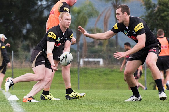 Peter Wallace with Isaah Yeo at a Panthers training session in 2016.