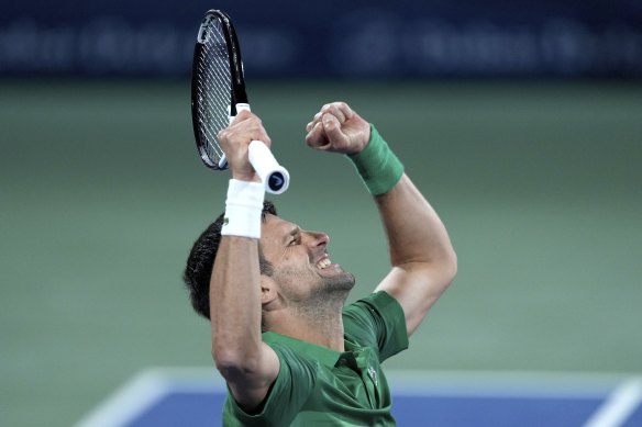 Novak Djokovic celebrates his win over Lorenzo Musetti.