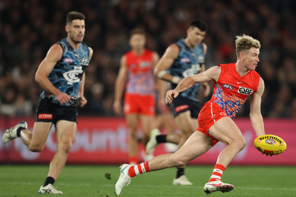 Chad Warner during the Swans’ recent loss to Carlton.