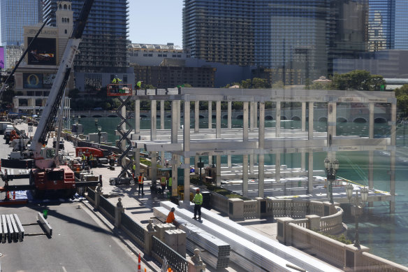 The Formula 1 grandstands outside the Bellagio hotel-casino during construction. 