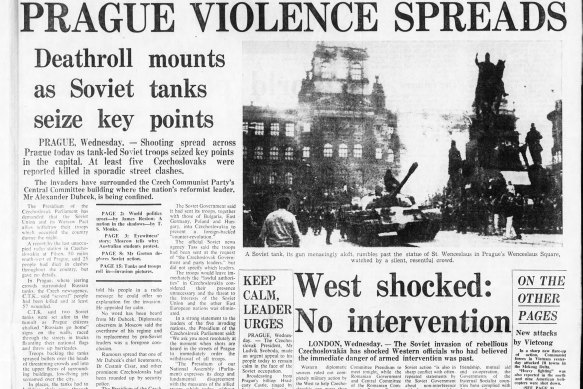 Front page of The Sydney Morning Herald, 22nd August 1968, with coverage of the Soviet invasion of Prague.