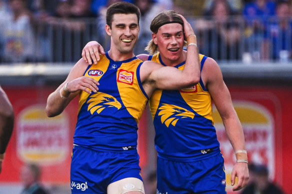 Elliot Yeo of the Eagles and Harley Reid celebrate a goal that was later ruled out.