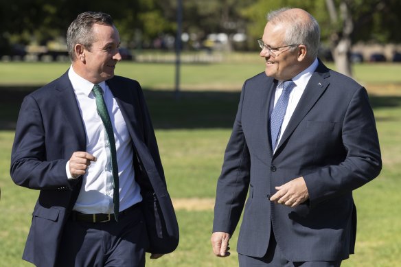 Scott Morrison and Mark McGowan in Perth during the 2022 election campaign. Morrison’s plan to boost WA’s GST is on track to cost taxpayers almost $25 billion.
