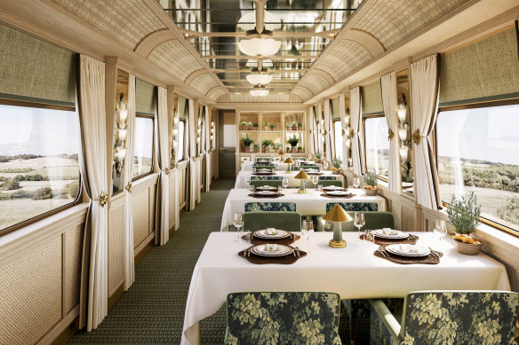 Antique mirrored ceilings lend retro flair to the train’s dining cars.
