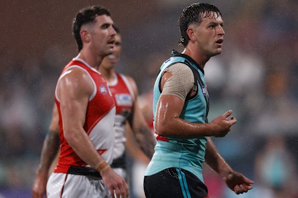 Zak Butters was shocked when the umpire paid a 50-metre penalty against him. 