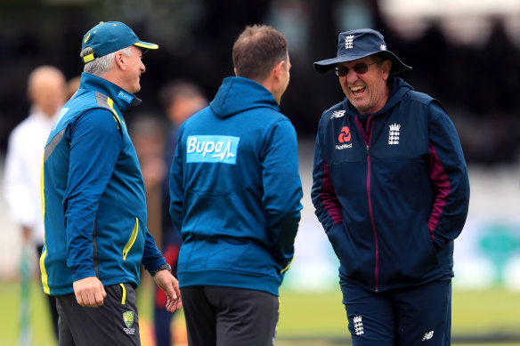Former England coach (right) Trevor Bayliss with Justin Langer before the Ashes Test at Lord’s in 2019.