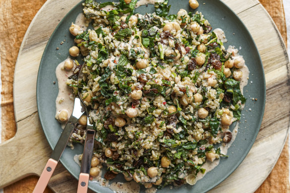 Chickpea, brown rice and greens salad with creamy harissa dressing.