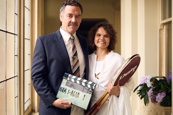 Marton Csokas as Vic Edwards and Lila McGuire as Evonne Goolagong on the set of the ABC TV miniseries Goolagong.